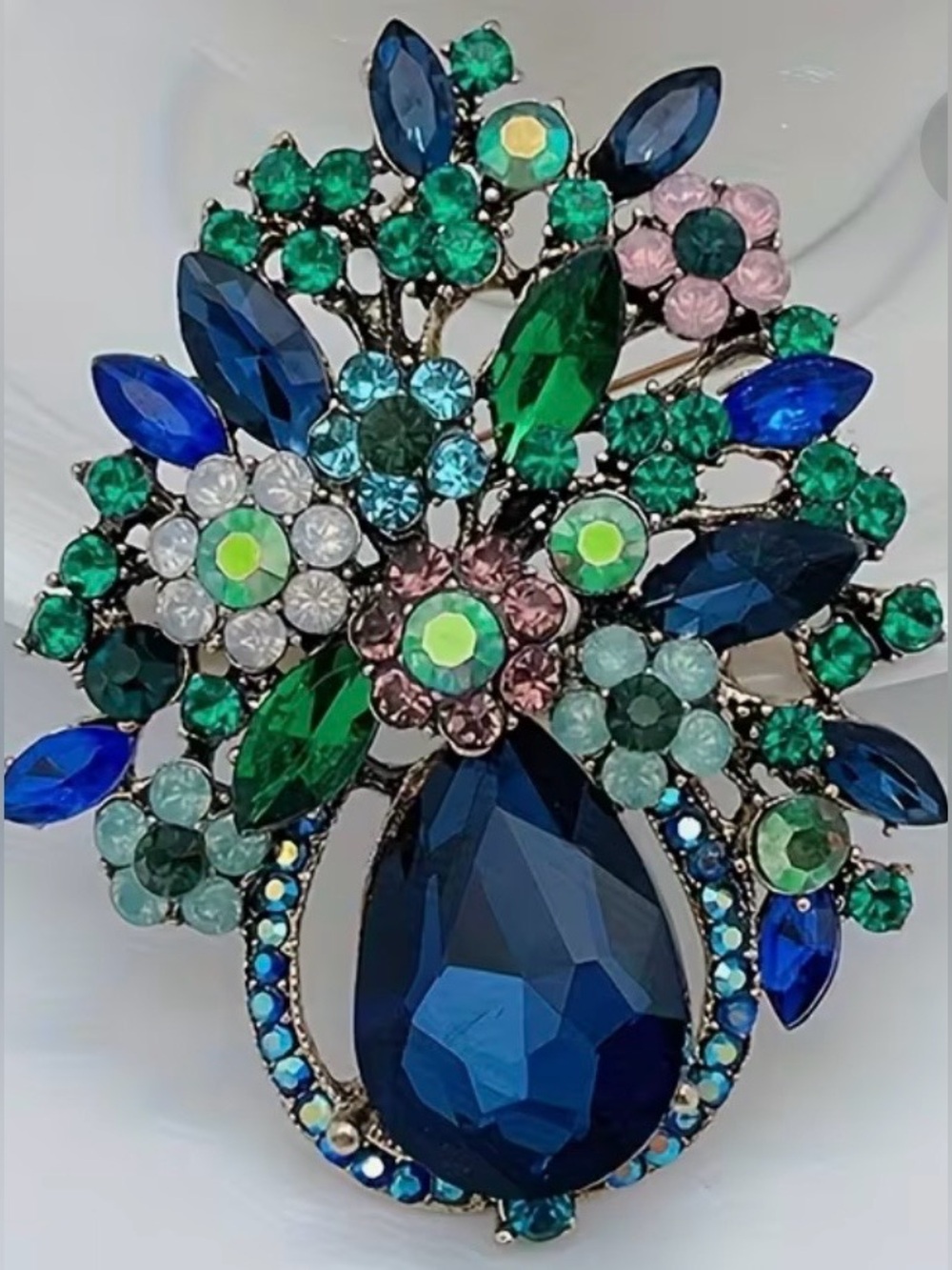 Elegant Multicolor Crystal Floral Brooch - Blue & Green